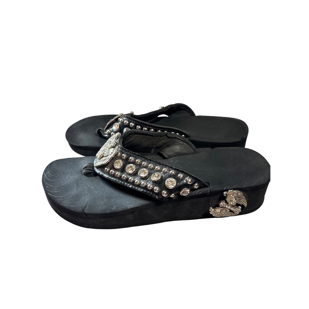 Montana West Womens Black 9 Platform Flip Flops Winged Cross Studded Wedge Y2K